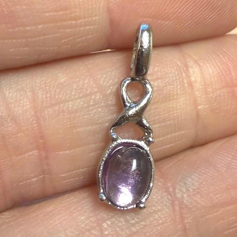 Vintage‎ Silver Tone Purple Amethyst Cabochon Infinity Twist Pendant Charm 0.75"
